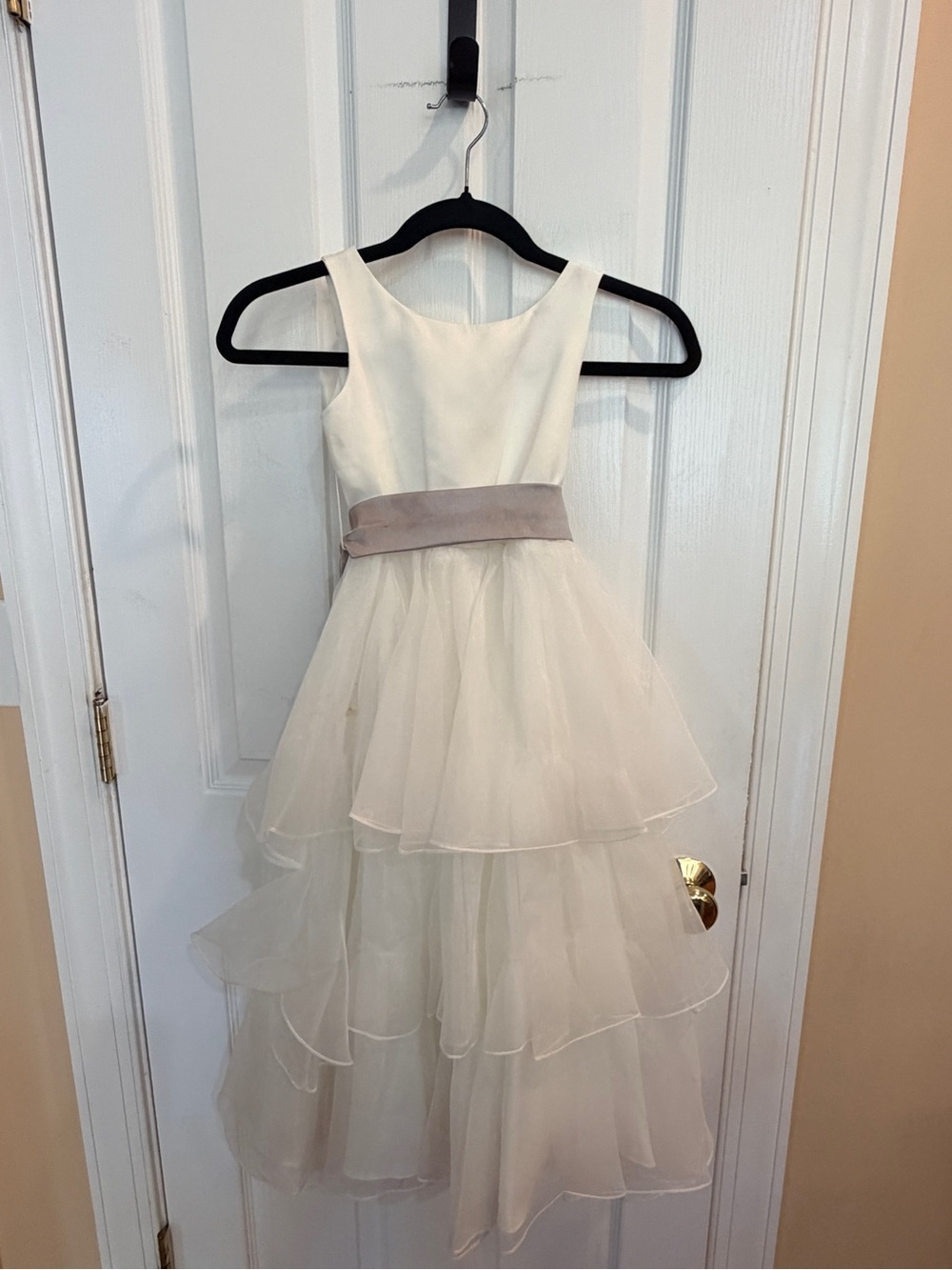 Kid's Dream White Layered Organza Dress with Taupe Satin Sash Size 6